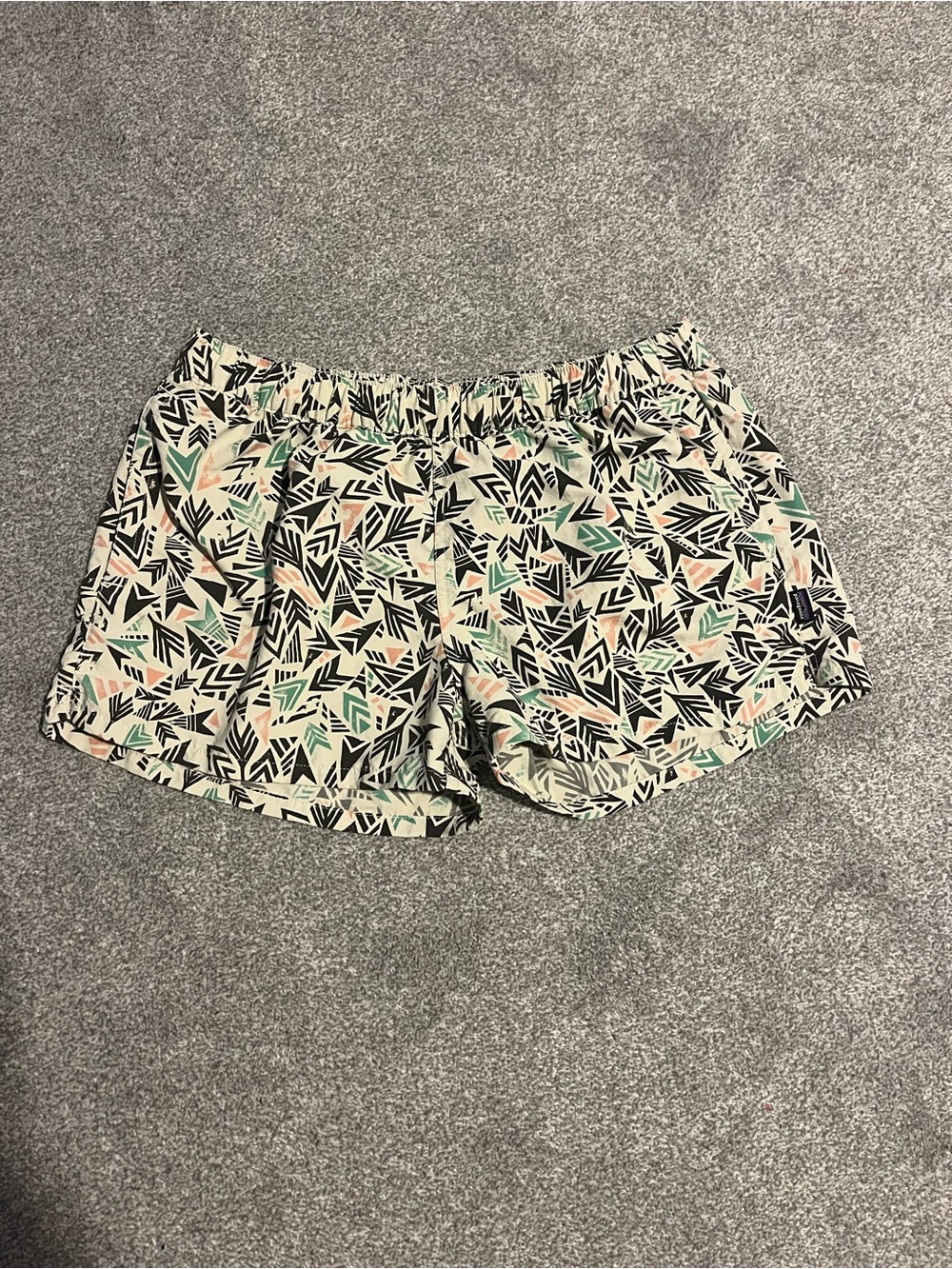 Patagonia Cream Printed Athletic Shorts with Black & Mint Accents